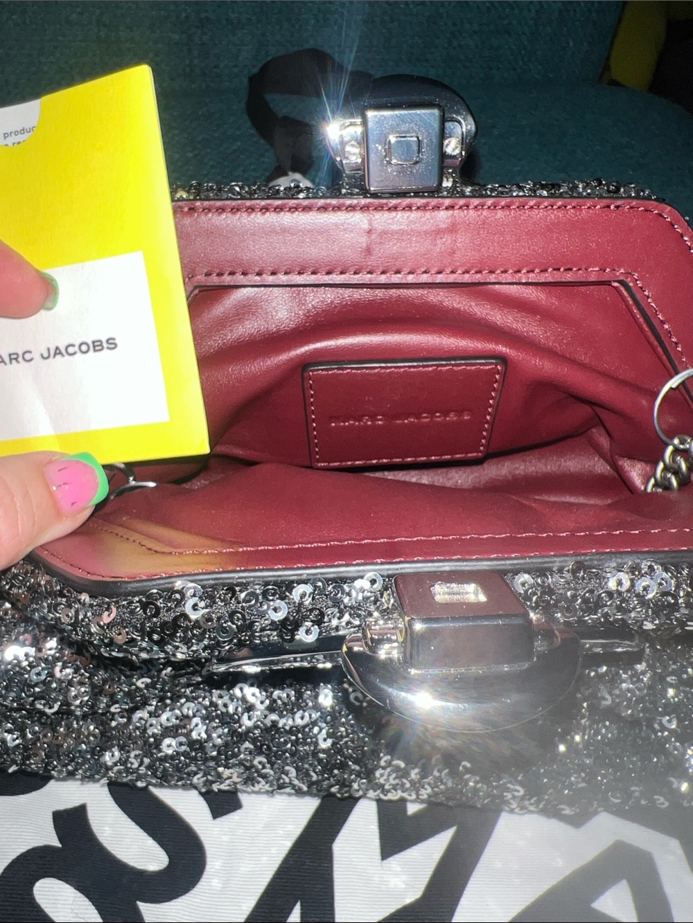 Sequin Clutch with Silver Hardware - clip clutch closure and red leather inside! - Picture 2 of 6